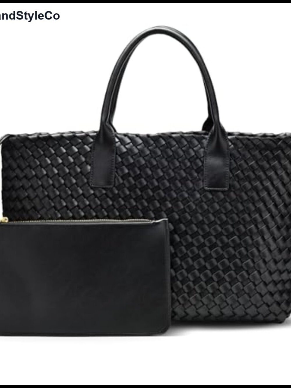 Vegan Leather Woven Tote Bag Shoulder Handbag with Pouch